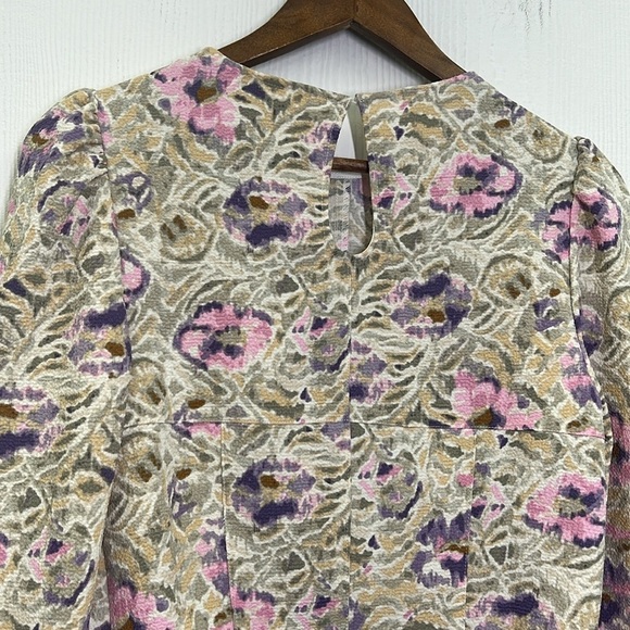 H&M - Purple & Pink Floral Cream Long Sleeve Crew Neck Crop Blouse Size Small - Picture 11 of 11